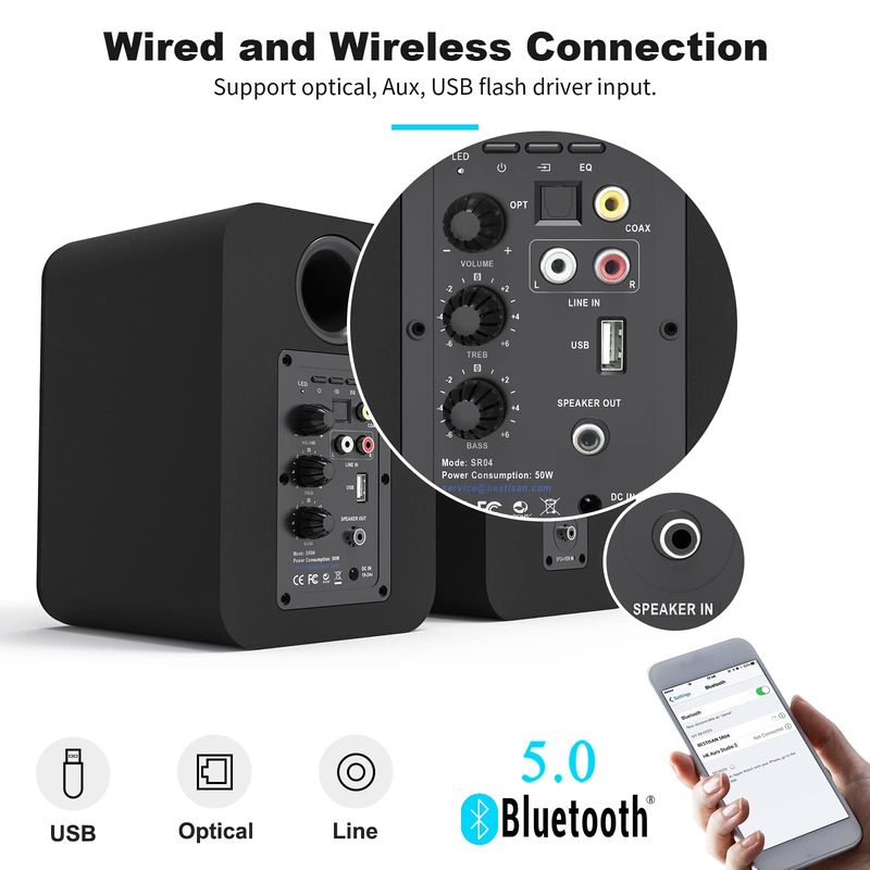 Active Bluetooth Bookshelf Speakers For TV Turntables 50W RMS