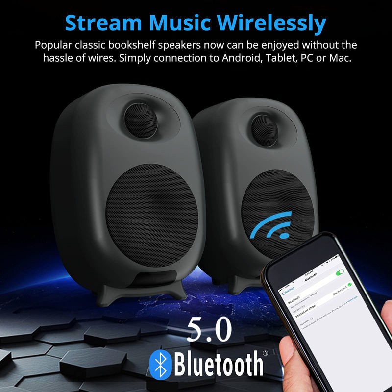 Three Equalizer Mode Powered Wireless Bookshelf Speakers Metal Grey Color For TV